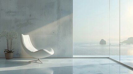 A sleek, contemporary chair positioned in a minimalistic room adorned with delicate pastel accents...