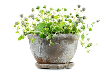 A caper bush in a rustic pot, its buds ready to bloom, isolated on a white background