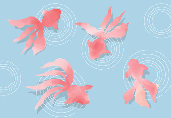 水面を泳ぐ水彩金魚のイラスト