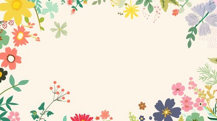 Refreshing Floral Computer Wallpaper with Varied Edges and Central Blank Space, Simple Layout in Vibrant Fresh Colors, HD Quality