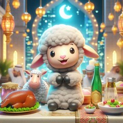 3D Render of A Happy Goat Celebrating Eid Al Adha, Join the joyous festivities with a happy goat celebrating Eid Al Adha! Discover the spirit of the occasion with our heartwarming portrayal.
