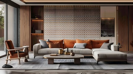 A spacious, contemporary living room with an open-plan design, featuring a geometric coffee table and an accent wall covered in artistic tiles.