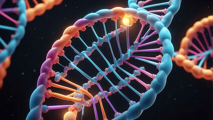 A close up of a double helix stranded dna model connected with glowing tubes with biotechnology on a dark background