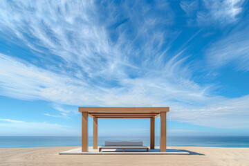 Minimalist beachside pavilion in Malibu with sand beige and sky blue palette, bright sunny weather,...