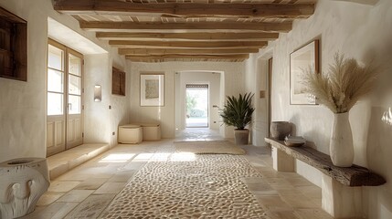 A spacious entrance hall with natural stone tiles on the walls, rustic wooden beams on the ceiling, and a driftwood console table against the wall.