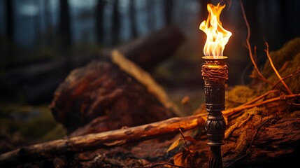 Closeup of a handcrafted torch made of wood and cloth, lit with a warm fire, set against a backdrop of a rustic campsite