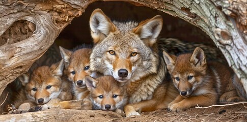 Mother Coyote Resting in Den with Playful Pups
