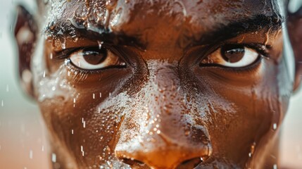  close-up shot of a runner's determined face as they cross the finish line, sweat dripping down their forehead. 