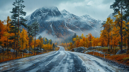 Scenic Drive Through an Autumn Forest: Winding Road Surrounded by Colorful Fall Foliage