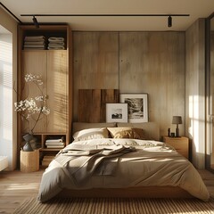 A stylish, open-concept bedroom with a compact wooden wardrobe, a floating nightstand, and a warm beige bedspread. --s 250 - Image #1 @Waris Malik