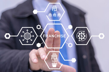 Business man using virtual touch screen presses word: FRANCHISE. Franchise business concept. Franchise network business marketing plan. Successful business franchising model and marketing strategies.
