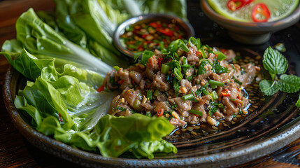 Tasty Duck Larb Platter: A generous serving of duck larb accompanied by crisp lettuce leaves, perfect for wrapping and savoring.