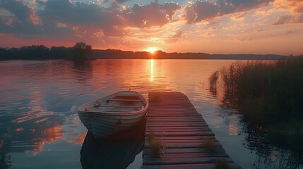 A summer sunset over a tranquil lake, with the orange and pink hues reflecting on the water and a...
