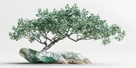 Bonsai tree on rock with green leaf, symbolizing tranquility and nature.