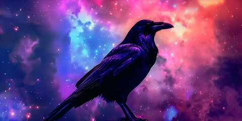 A raven perched before a vibrant galaxy backdrop