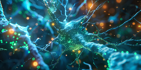 Neuron cells with glowing link knots Blue green Neurons in brain