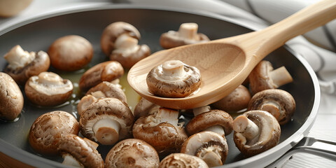 Sizzling mushrooms in a pan with a wooden spoon.