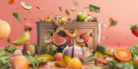 Falling fruits and vegetables in a trash can on a dark background