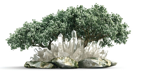 A small tree with crystals on top of rocks in a serene natural setting.