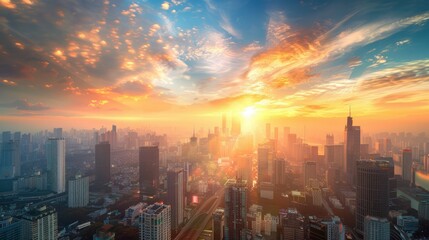 Obraz premium vibrant sunrise over a bustling cityscape, with the skyscrapers bathed in the warm glow of the morning light.