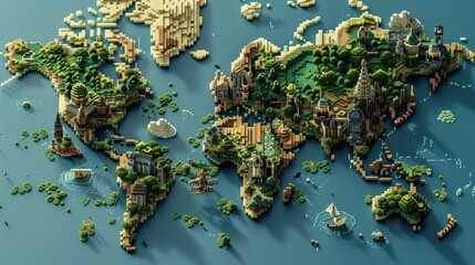 An awe-inspiring 3D world map with a pixel art style, reminiscent of classic video games and retro technology. 