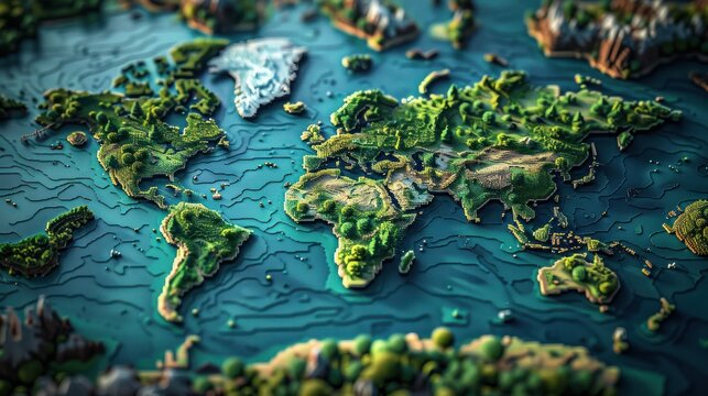 An awe-inspiring 3D world map with a pixel art style, reminiscent of classic video games and retro technology. 