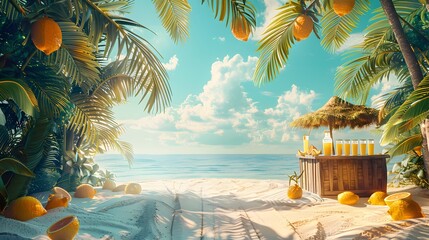 A vibrant summer scene featuring a refreshing lemonade stand surrounded by tropical palm leaves and a sun-drenched sandy beach.