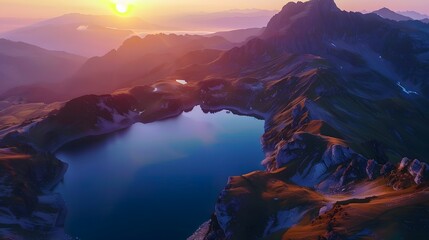 sunrise freshness in view aerial blue lake in mountain. Generative AI