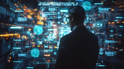 A businessman reviewing a holographic timeline of past cyber attacks and their corresponding response strategies.