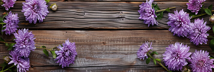 a rustic wooden background with purple chrysanthemum flowers, generative AI