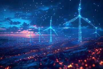 A captivating wireframe visualization featuring wind turbines and solar panels against a dark blue background, showcasing renewable energy technology