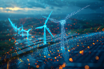 A captivating wireframe visualization featuring wind turbines and solar panels against a dark blue background, showcasing renewable energy technology