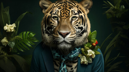 Visualize a sleek jaguar in a tailored velvet blazer,