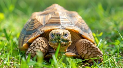 Obraz premium Sulcata tortoise in the grass. Sulcata tortoise in a green field.