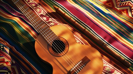 Closeup of an acoustic guitar lying on top of colorful Mexican fabric