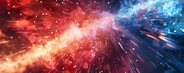 Explosive abstract light burst with red and blue tones