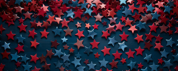 Red and blue star-shaped confetti on a dark blue background