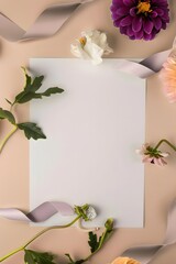 Elegant greeting card invitation isolated empty space beautified with ribbon and flower decoration