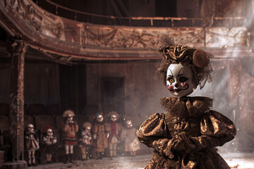 Vintage Carnival Dolls in Vintage Theater with Dusty Atmosphere and Dim Lighting