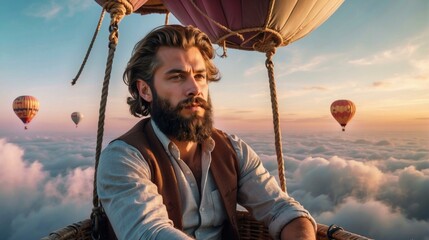 A man in a hot air balloon looks out at the clouds below. AI. - Powered by Adobe