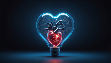 A human neon anatomical heart reactor inside a light bulb with a blue background and 3D model of a human heart