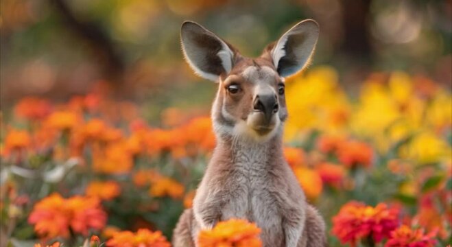 a kangaroo in a flower garden footage