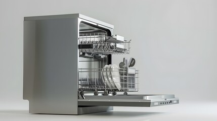 An energy-efficient dishwasher with a visible control panel and stainless steel finish, isolated on a white background