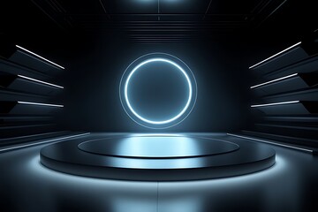  Podium background 3D light tech stage future platform game abstract. Podium 3D background technology room product circle glow effect portal stand studio scene white design ring modern display space. 