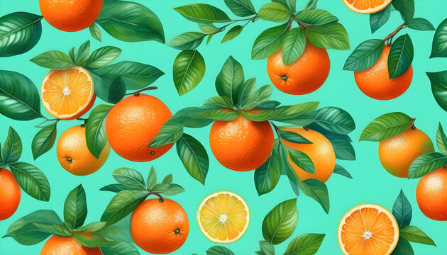 A digital illustration of hand-painted oranges on a mint green background in a seamless pattern design. - Powered by Adobe