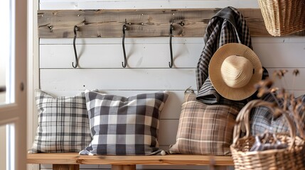 An HD image of a wall-mounted coat rack with metal hooks and a wooden bench, surrounded by plaid-patterned pillows and a woven storage basket, giving a warm, country-style look