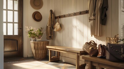An HD realistic image of a farmhouse entryway with a wooden bench, wall-mounted coat rack, and woven storage baskets, giving a warm, country atmosphere, captured
