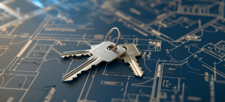 3D rendering of silver house keys with keychain on top blue print construction plans. - Powered by Adobe