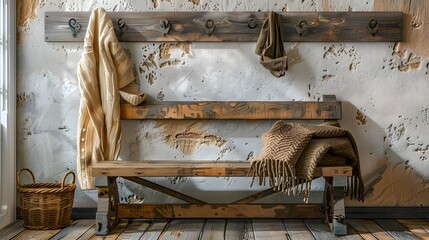 An HD realistic photo-like image of a wooden bench with a rustic wall-mounted coat rack above it. Include country decor elements like knitted blankets