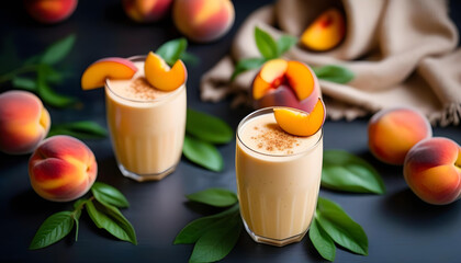 peach smoothie with fresh peach slices on a black stale bacground
